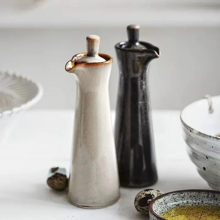 Modern Glossy Ceramic Oil Dispenser With Easy-Grip Lid