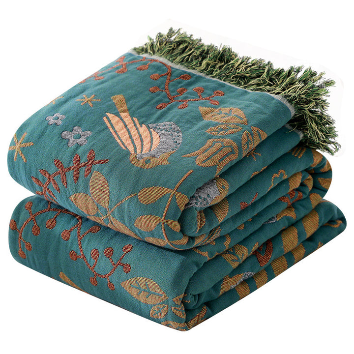 Eclectic Cotton Throw Blanket with Reversible Bird Pattern