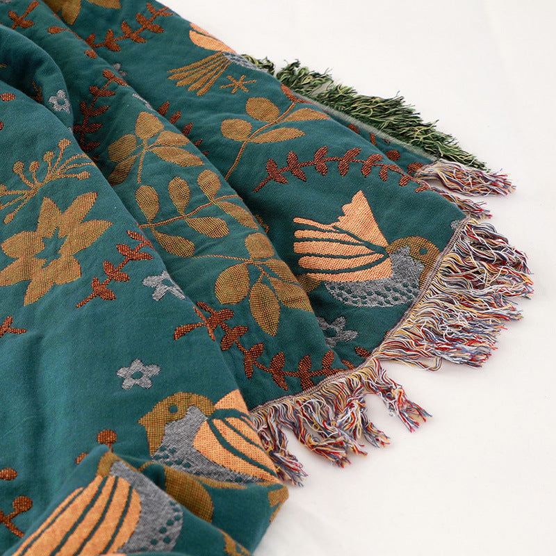 Eclectic Cotton Throw Blanket with Reversible Bird Pattern