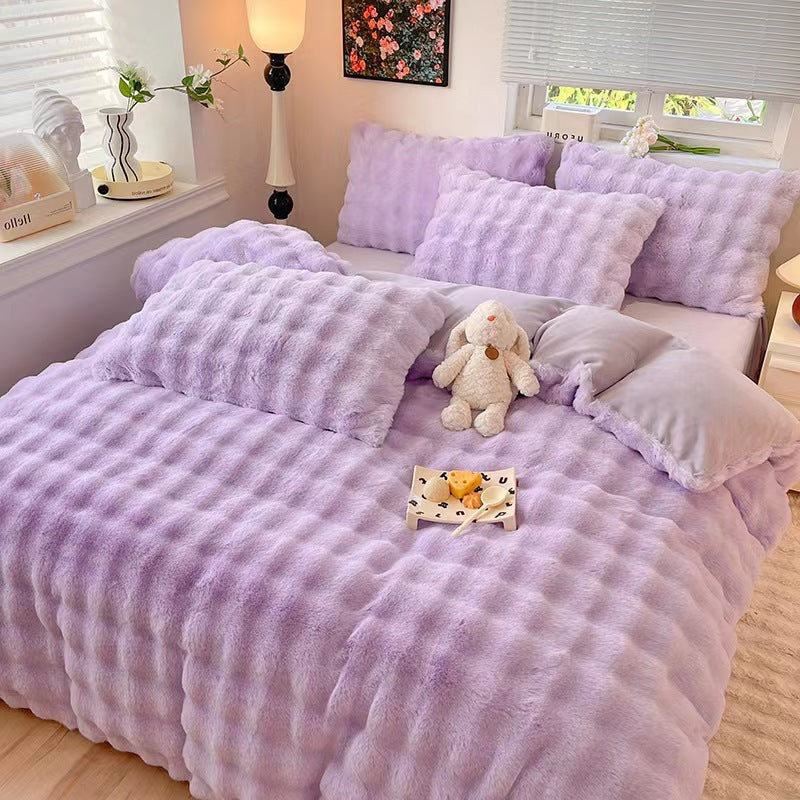 Faux Rabbit Fur Bed Sheet Set With Plush Texture