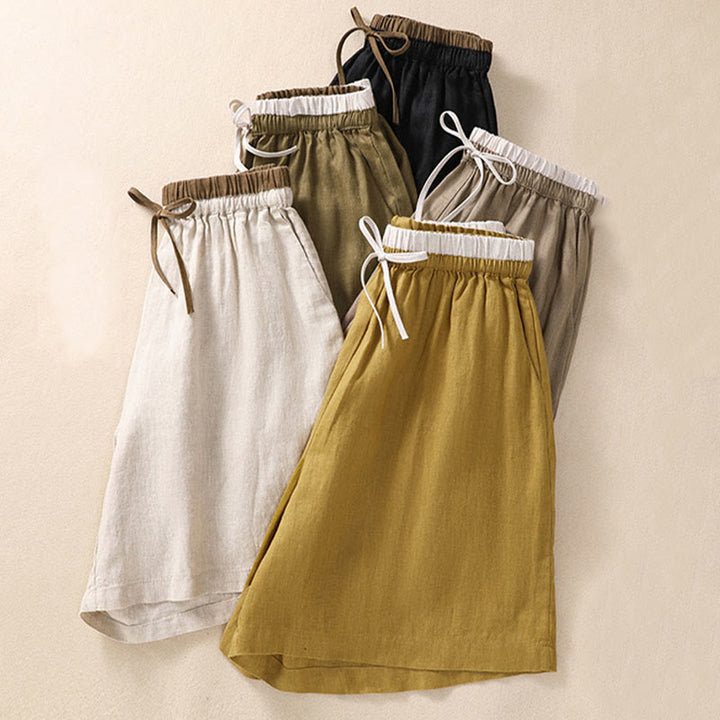 Relaxed Knee-Length Shorts with Contrasting Waistband and Drawstring Closure