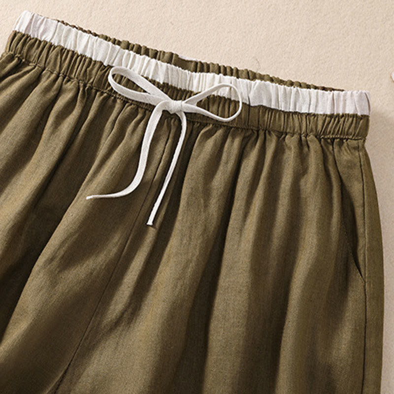 Relaxed Knee-Length Shorts with Contrasting Waistband and Drawstring Closure