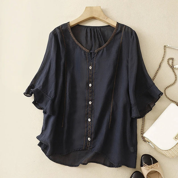 Embroidered Split-Neck Blouse with Ruffle-Cuffed Sleeves