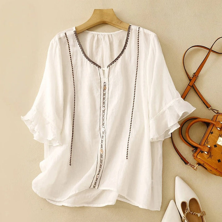 Embroidered Split-Neck Blouse with Ruffle-Cuffed Sleeves
