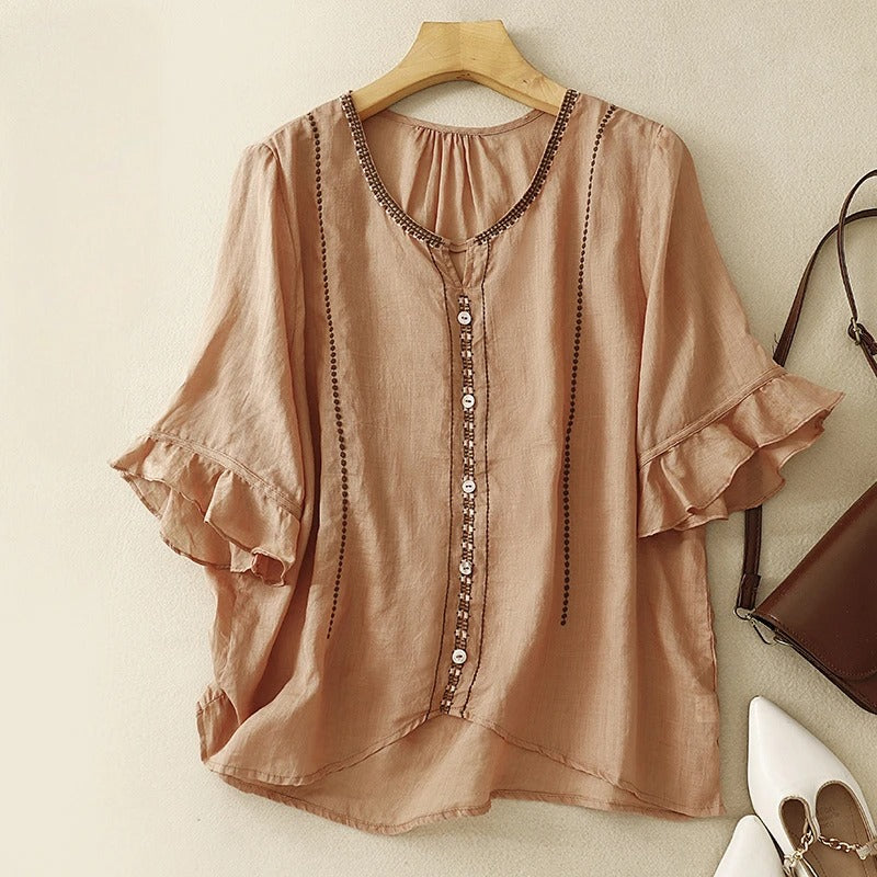 Embroidered Split-Neck Blouse with Ruffle-Cuffed Sleeves