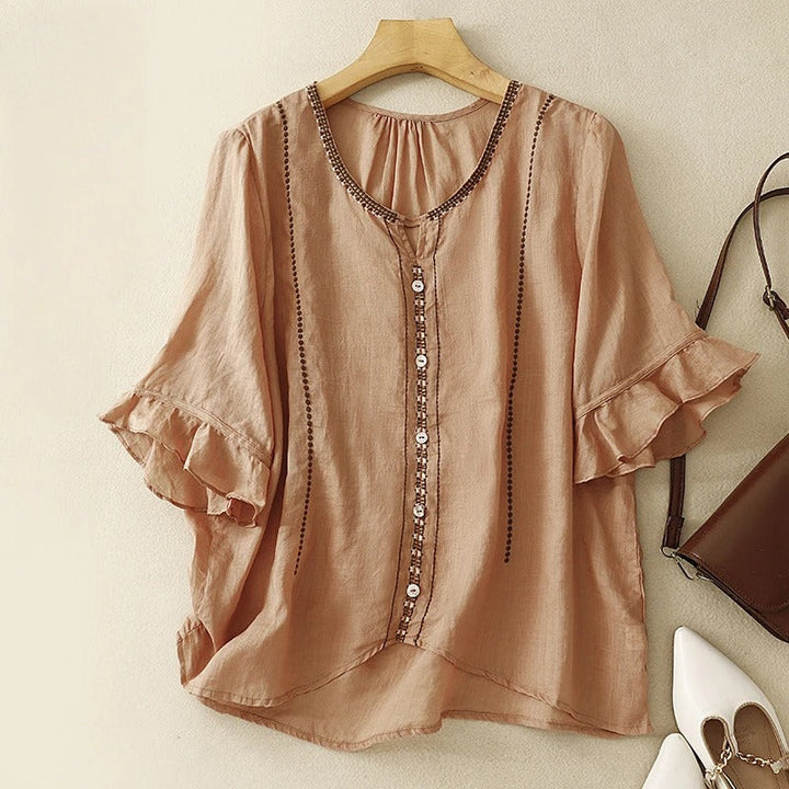 Embroidered Split-Neck Blouse with Ruffle-Cuffed Sleeves
