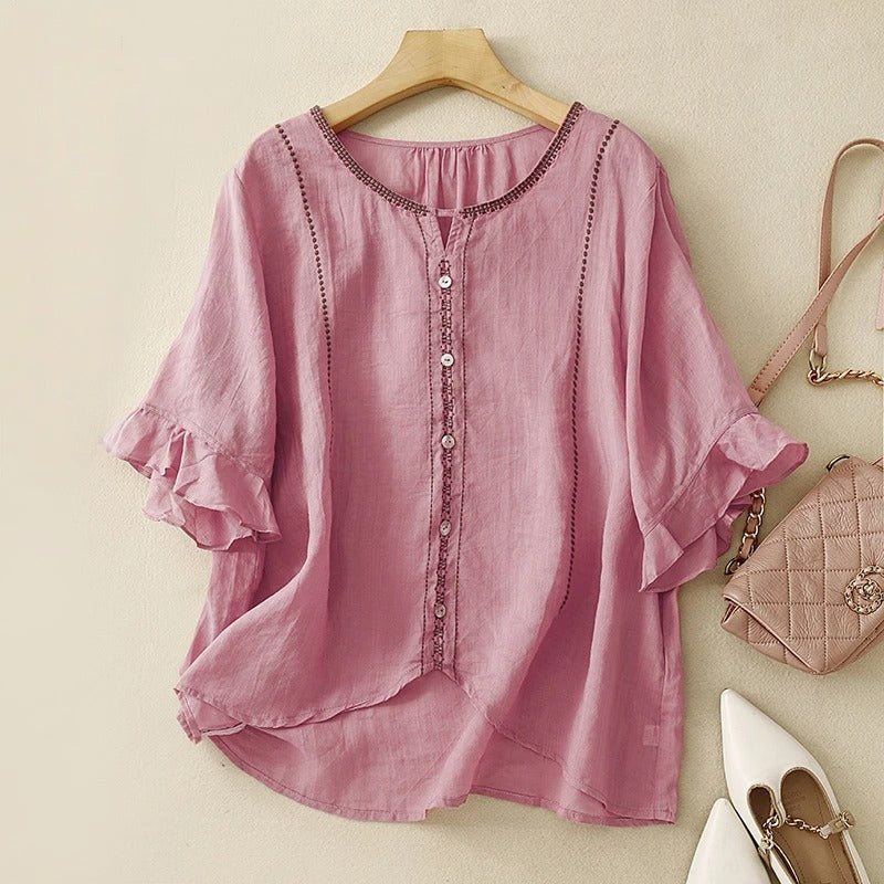 Embroidered Split-Neck Blouse with Ruffle-Cuffed Sleeves
