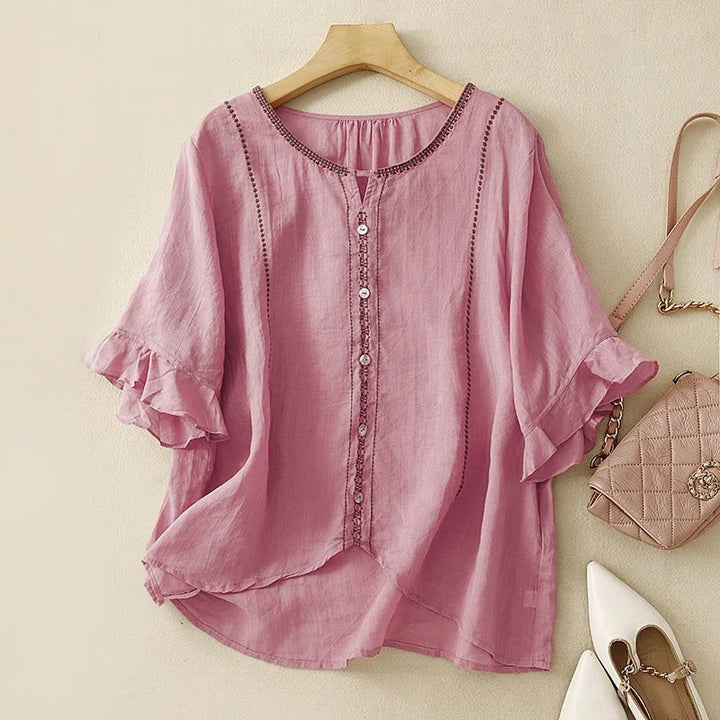 Embroidered Split-Neck Blouse with Ruffle-Cuffed Sleeves