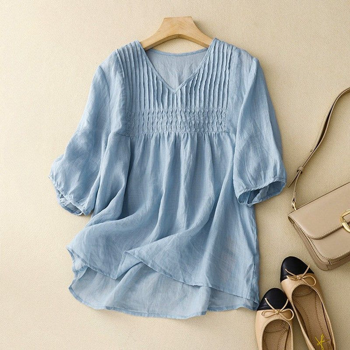 Relaxed Pleated Blouse with V Neckline and Puff Sleeves