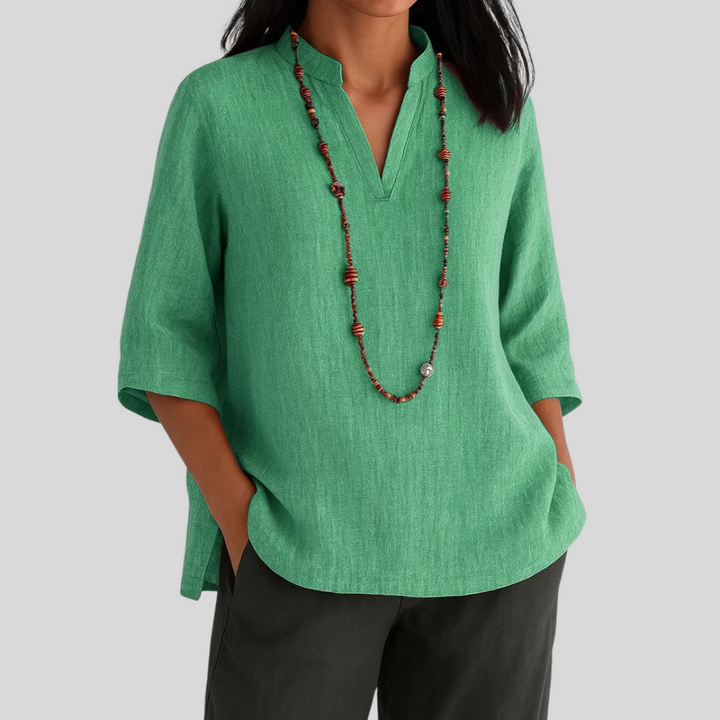Relaxed Fit Blouse with Mandarin Collar and Curved Hem