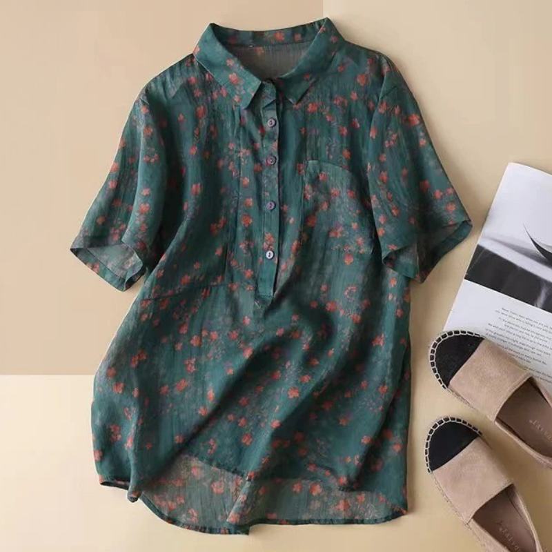 Relaxed Floral Button Front Blouse with Soft Collar and Short Sleeves