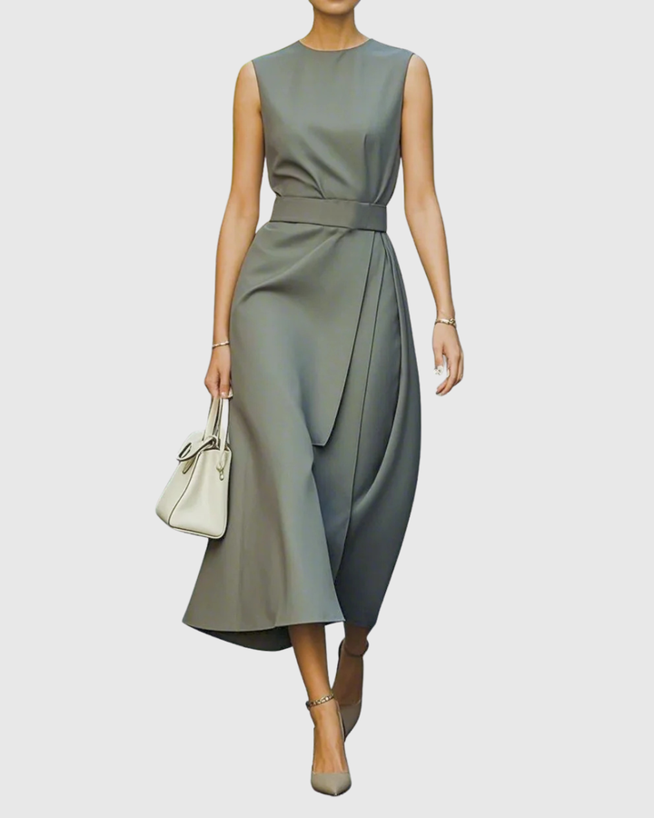 Sleeveless Midi Dress with Draped Waist and Asymmetric Hemline