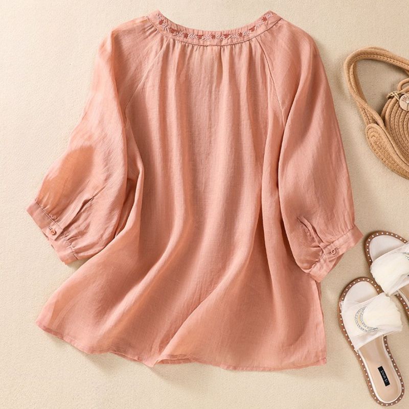 Embroidered Split Neck Relaxed Blouse with Romantic Floral Detailing