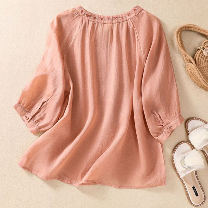 Embroidered Split Neck Relaxed Blouse with Romantic Floral Detailing
