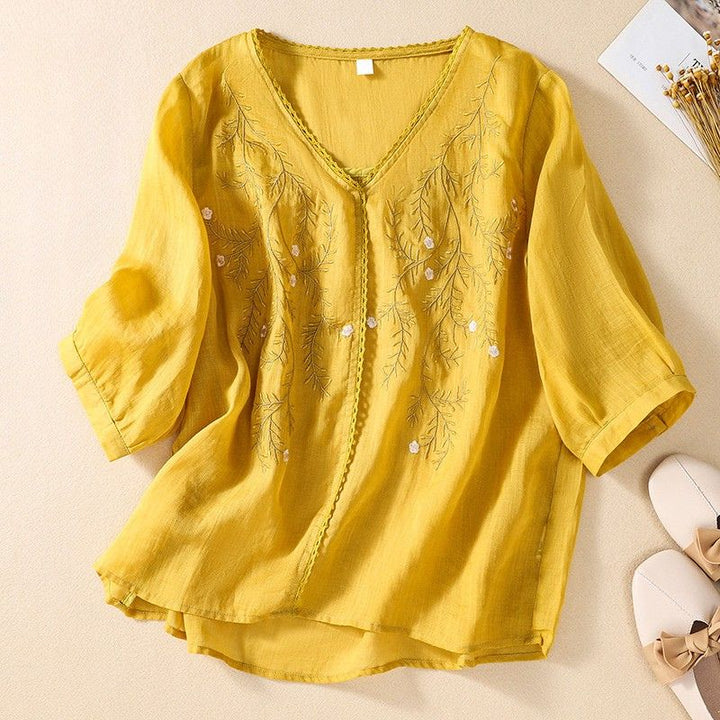 Embroidered V Neck Relaxed Blouse with Delicate Floral Accents