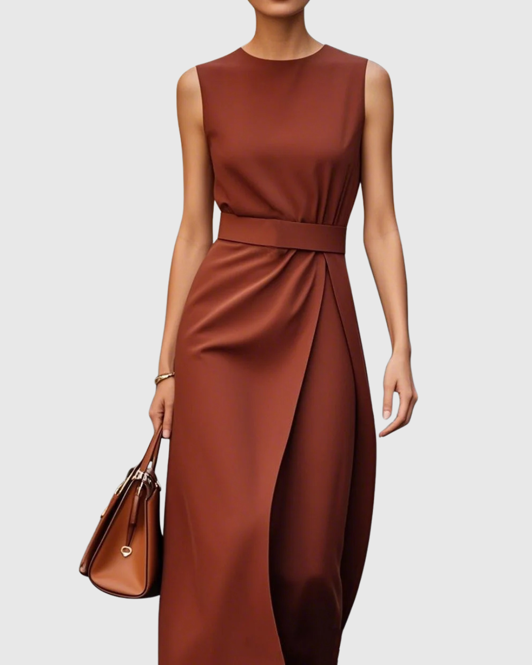 Sleeveless Midi Dress with Draped Waist and Asymmetric Hemline