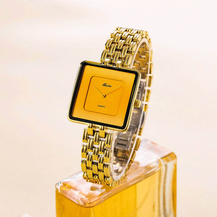 Square Dial Gold Tone Bracelet Watch with Refined Minimalist Design