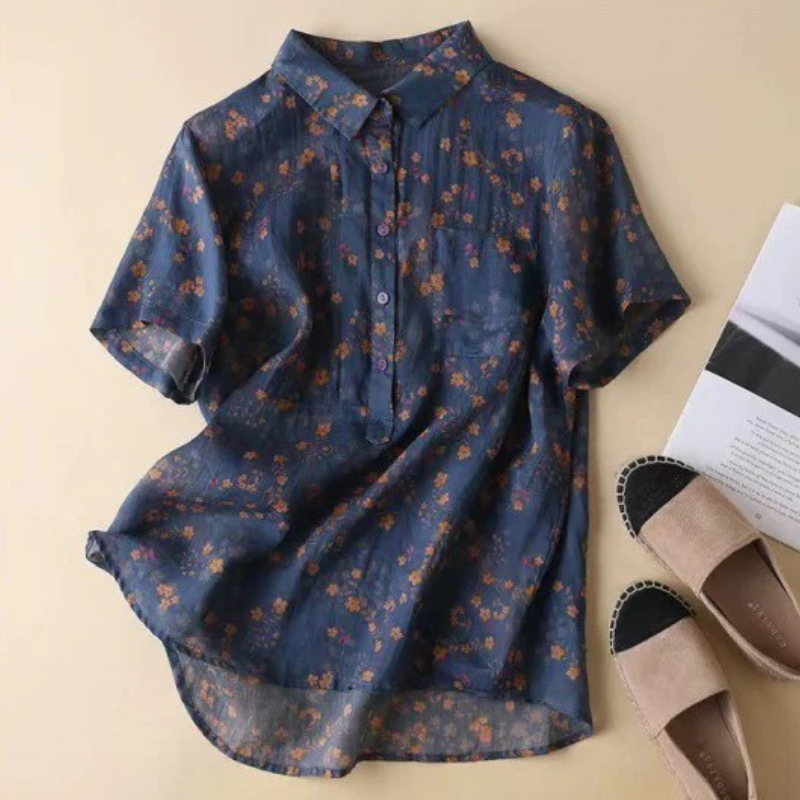 Relaxed Floral Button Front Blouse with Soft Collar and Short Sleeves