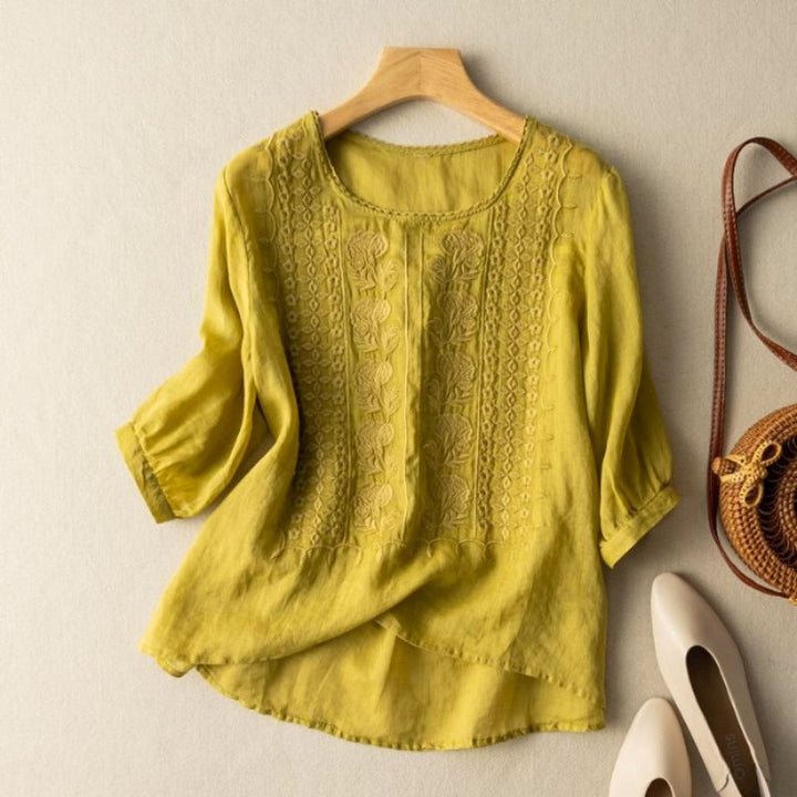 Relaxed Embroidered Blouse with Scoop Neckline and Three Quarter Sleeves