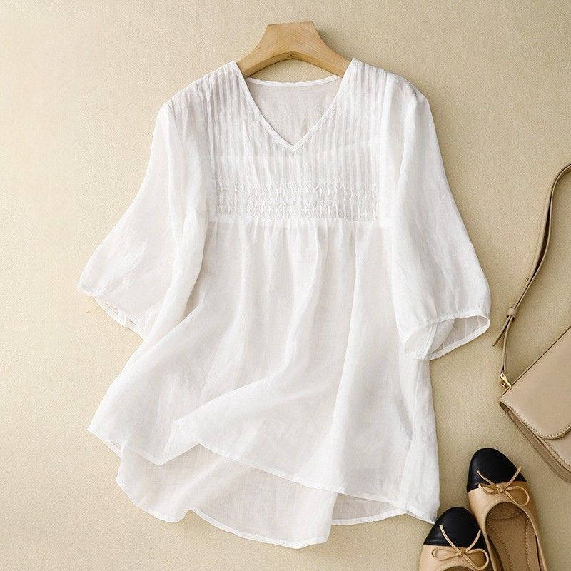 Relaxed Pleated Blouse with V Neckline and Puff Sleeves