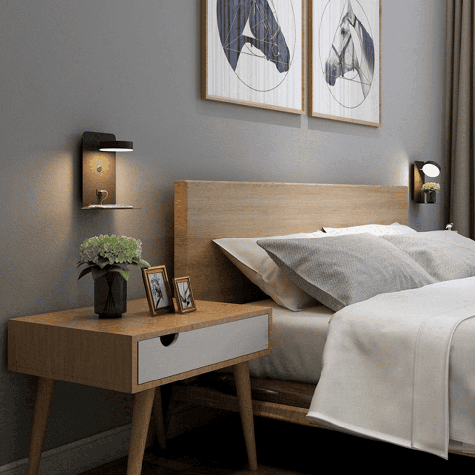 Minimalist LED Wall Lamp with USB Charger and Shelf