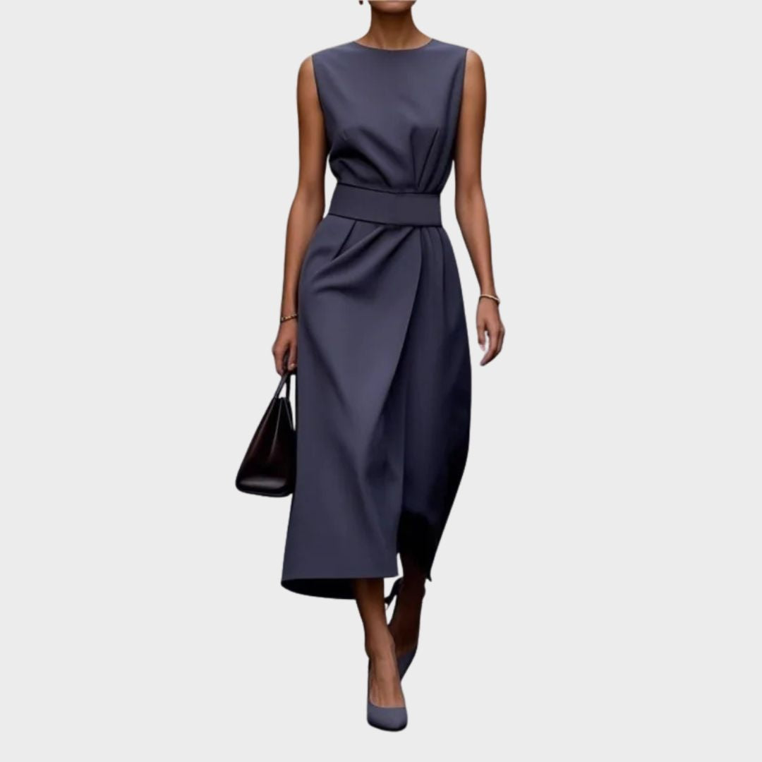 Sleeveless Midi Dress with Draped Waist and Asymmetric Hemline