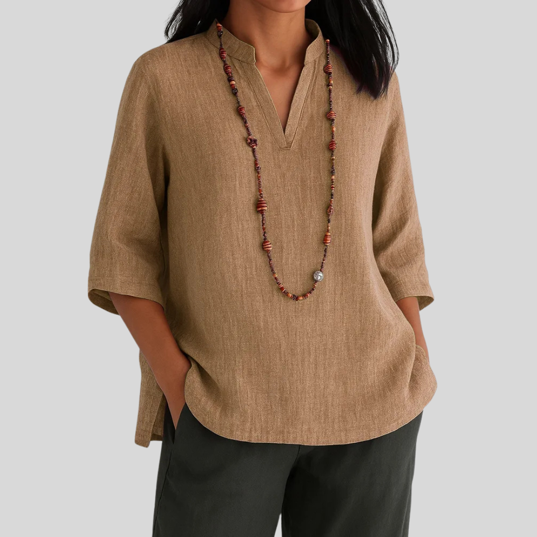 Relaxed Fit Blouse with Mandarin Collar and Curved Hem