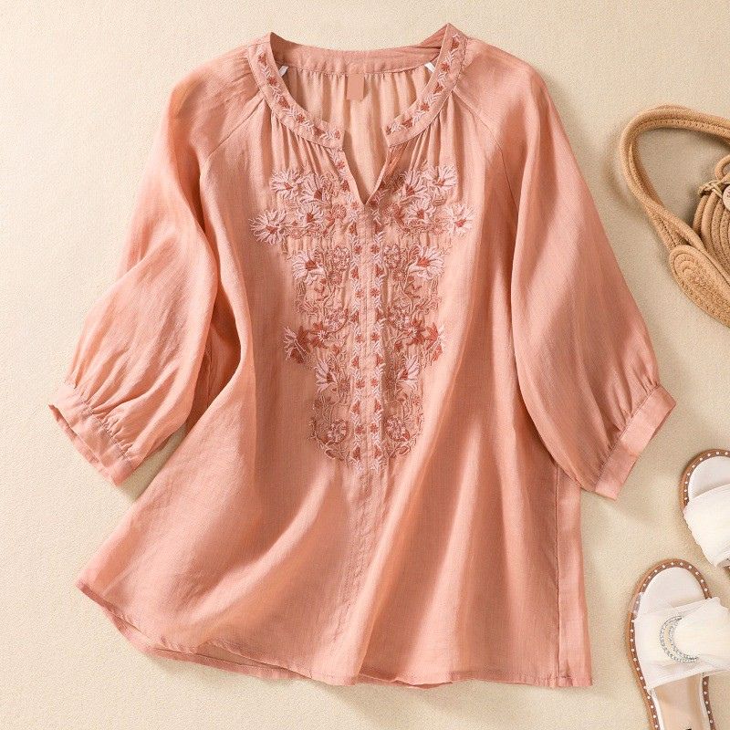 Embroidered Split Neck Relaxed Blouse with Romantic Floral Detailing