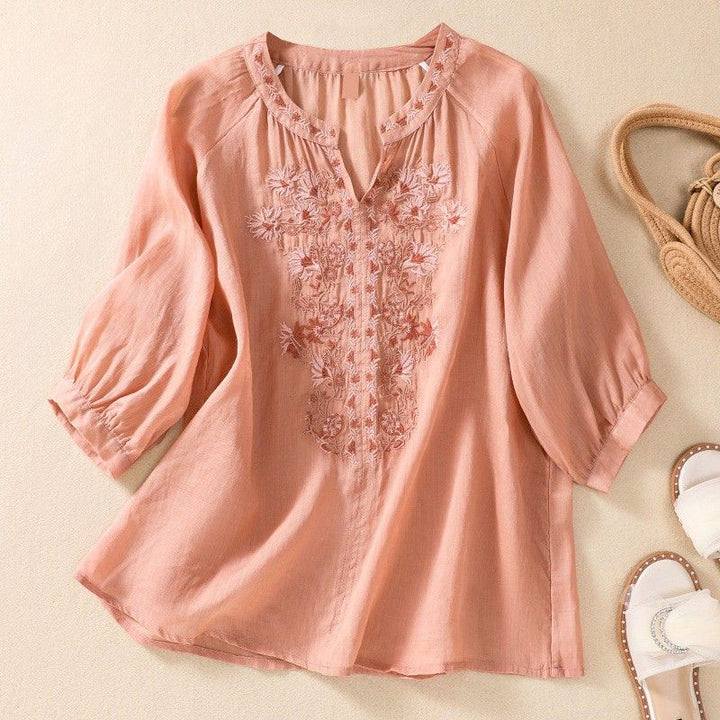 Embroidered Split Neck Relaxed Blouse with Romantic Floral Detailing