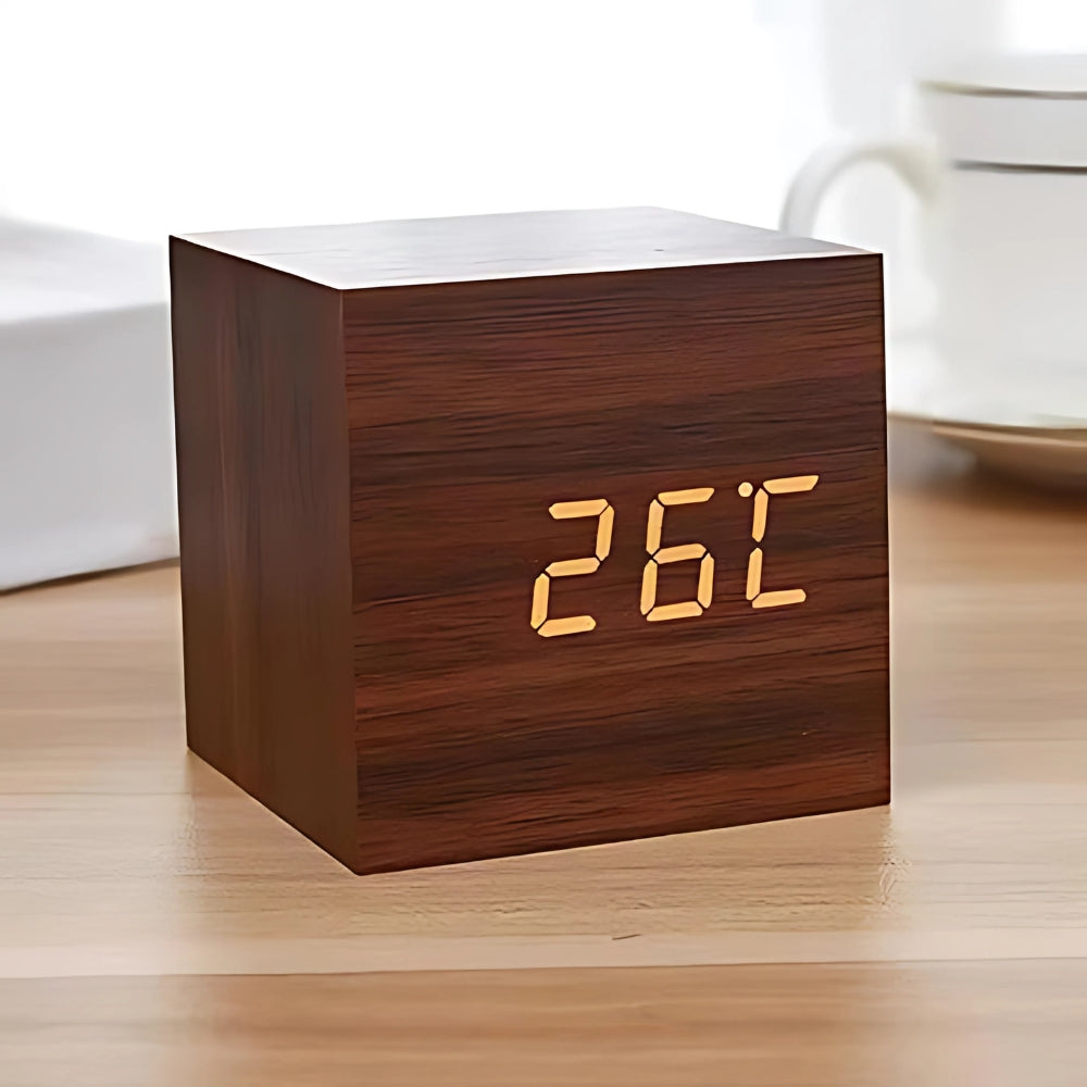 Minimalist Wood Grain LED Alarm Clock With Temperature Display