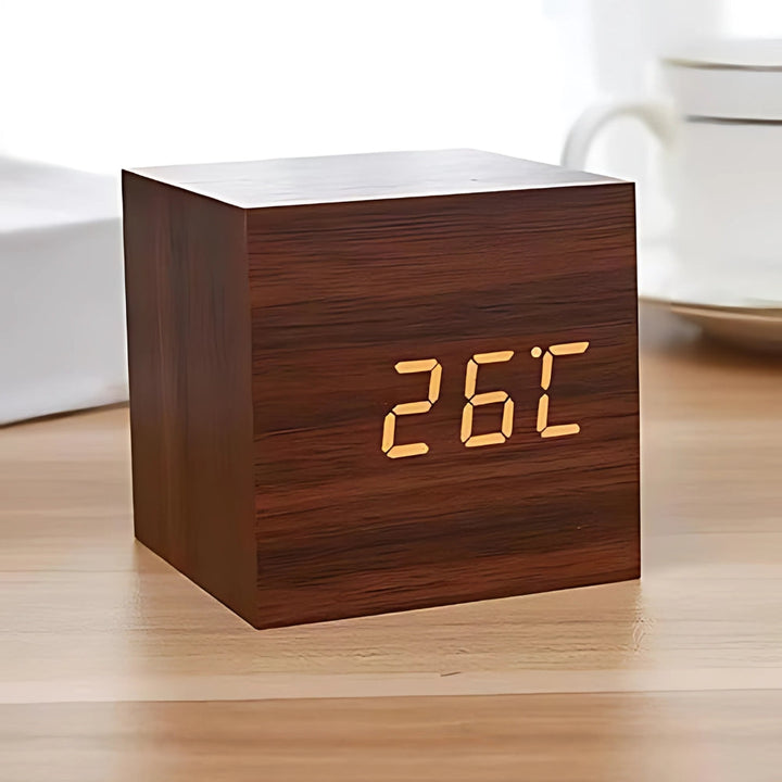 Minimalist Wood Grain LED Alarm Clock With Temperature Display
