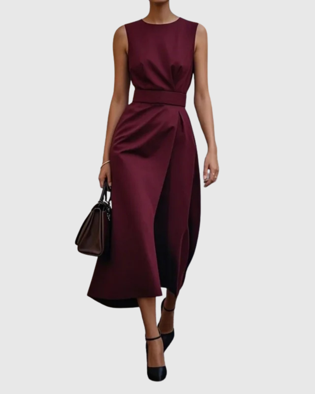 Sleeveless Midi Dress with Draped Waist and Asymmetric Hemline