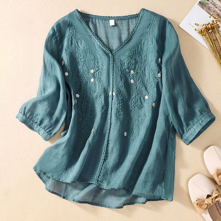 Embroidered V Neck Relaxed Blouse with Delicate Floral Accents