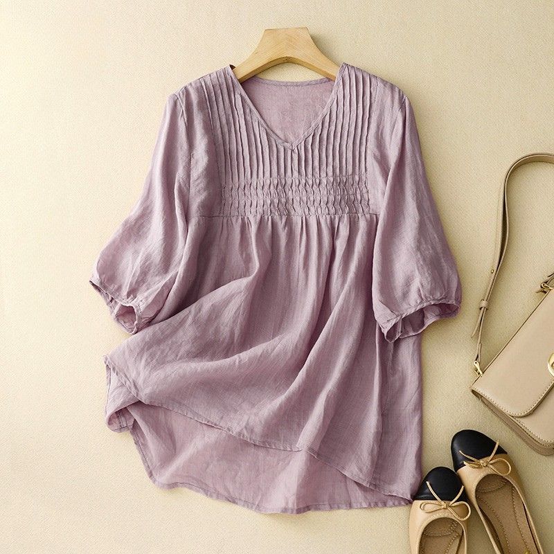 Relaxed Pleated Blouse with V Neckline and Puff Sleeves