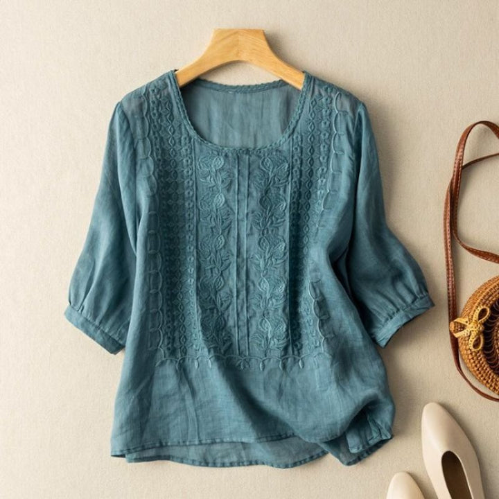 Relaxed Embroidered Blouse with Scoop Neckline and Three Quarter Sleeves
