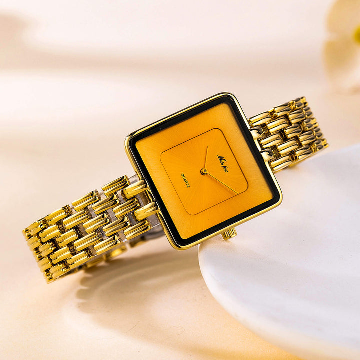 Square Dial Gold Tone Bracelet Watch with Refined Minimalist Design
