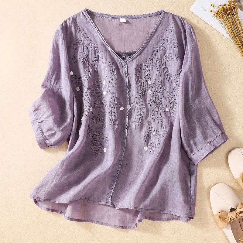 Embroidered V Neck Relaxed Blouse with Delicate Floral Accents