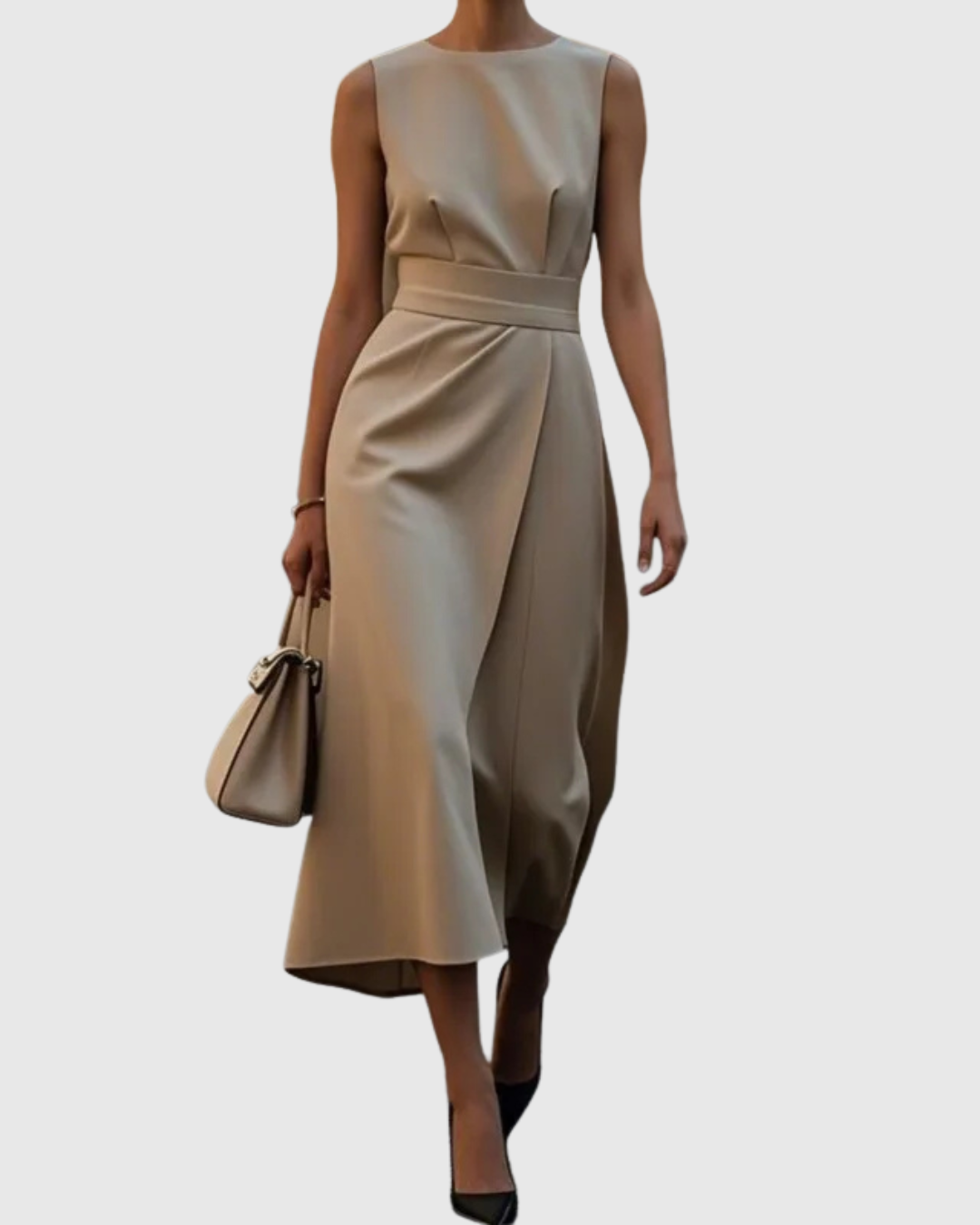 Sleeveless Midi Dress with Draped Waist and Asymmetric Hemline