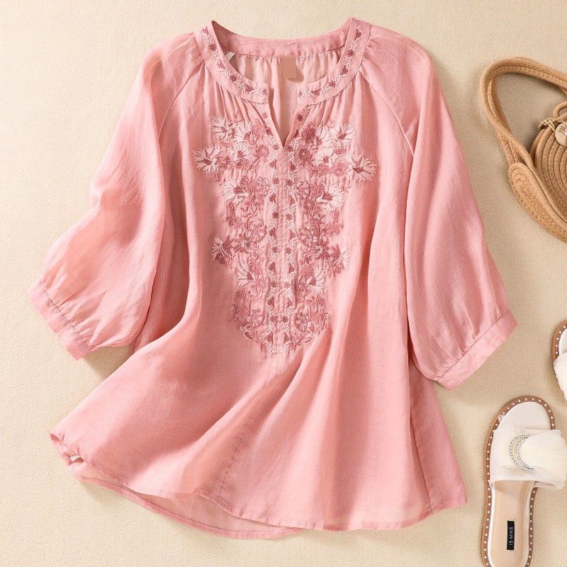 Embroidered Split Neck Relaxed Blouse with Romantic Floral Detailing