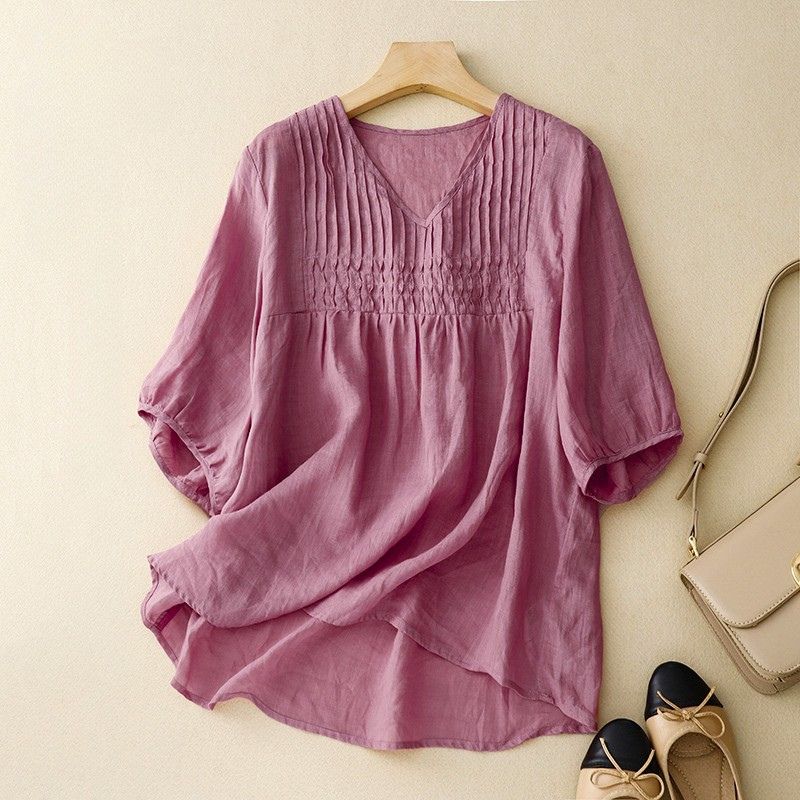 Relaxed Pleated Blouse with V Neckline and Puff Sleeves