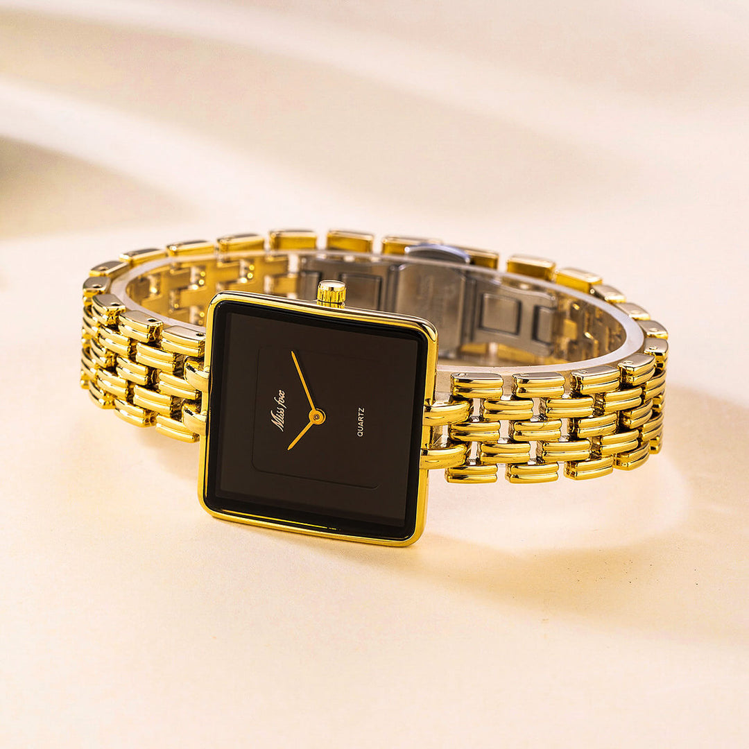 Square Dial Gold Tone Bracelet Watch with Refined Minimalist Design