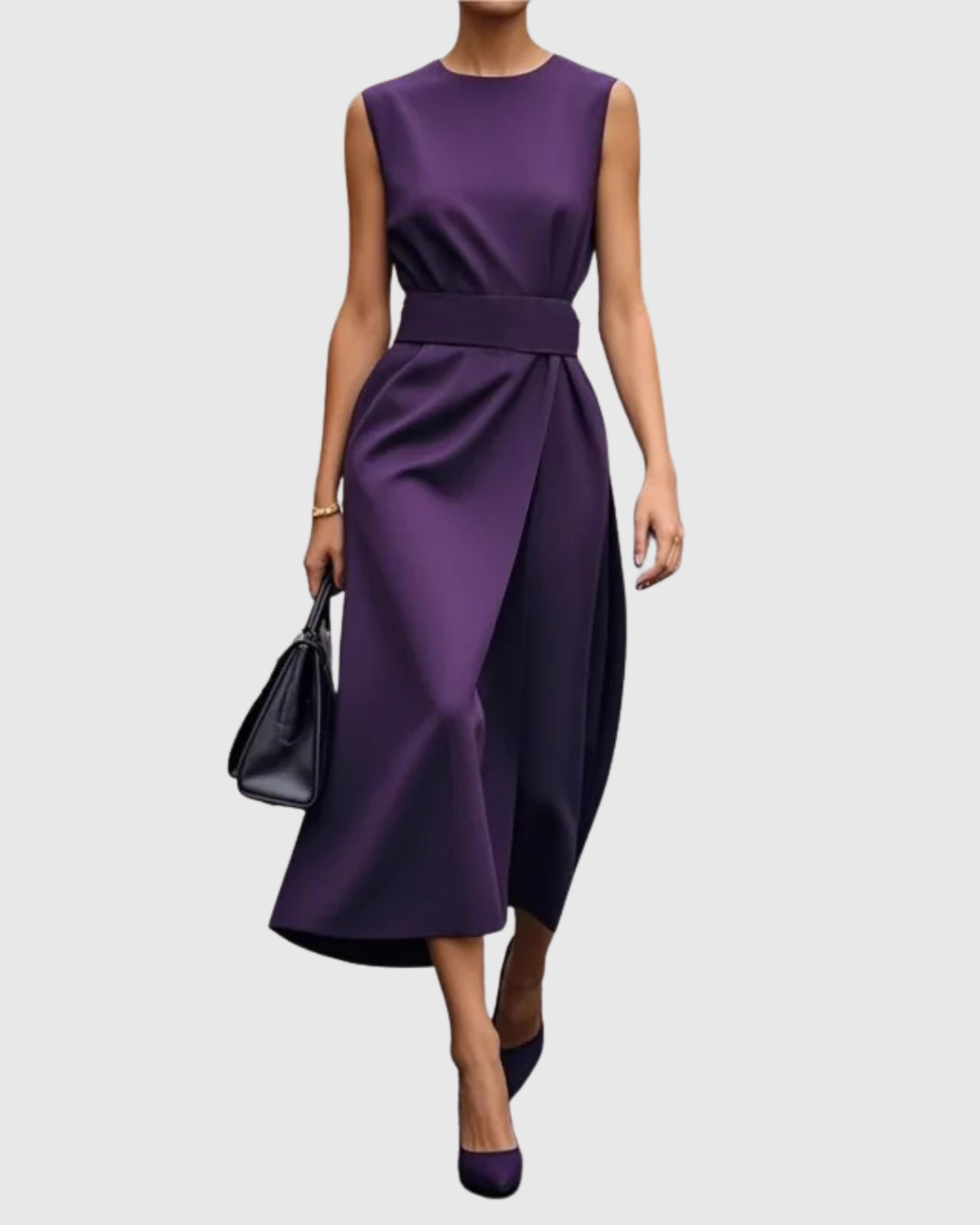 Sleeveless Midi Dress with Draped Waist and Asymmetric Hemline