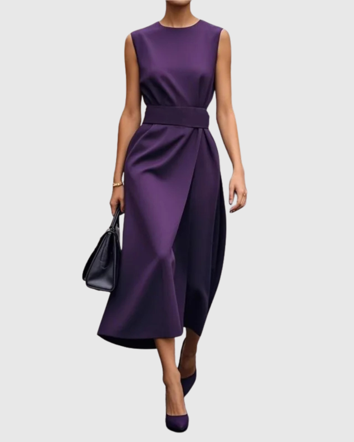 Sleeveless Midi Dress with Draped Waist and Asymmetric Hemline