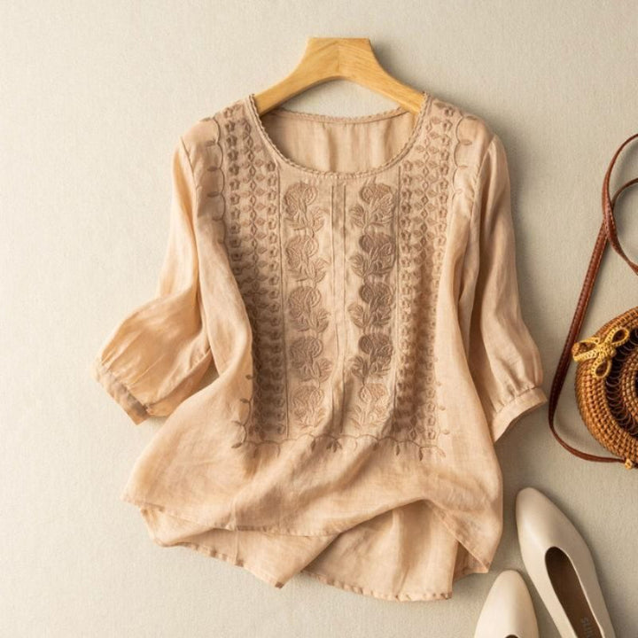 Relaxed Embroidered Blouse with Scoop Neckline and Three Quarter Sleeves