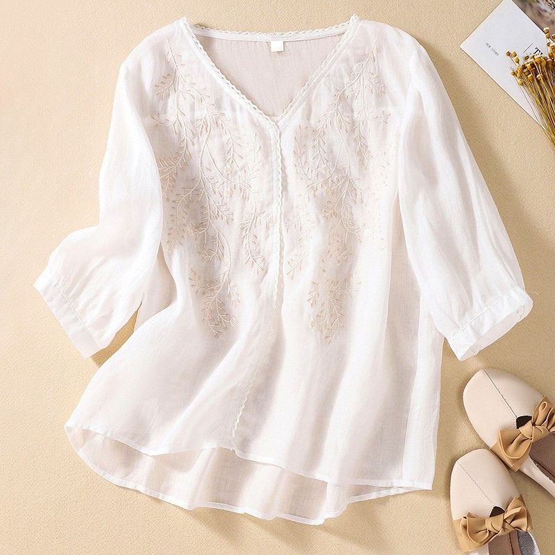 Embroidered V Neck Relaxed Blouse with Delicate Floral Accents