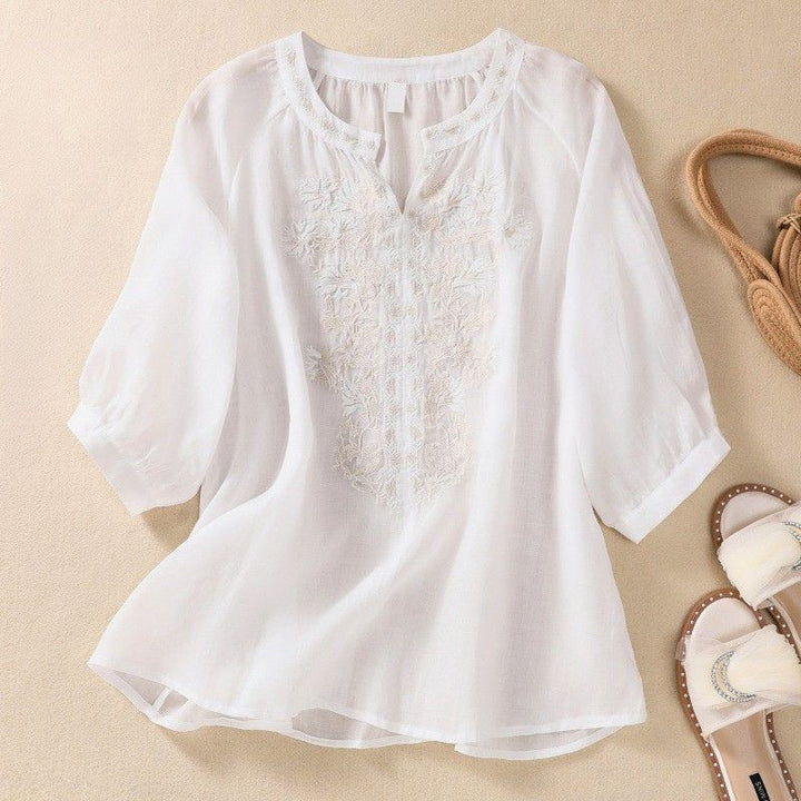 Embroidered Split Neck Relaxed Blouse with Romantic Floral Detailing