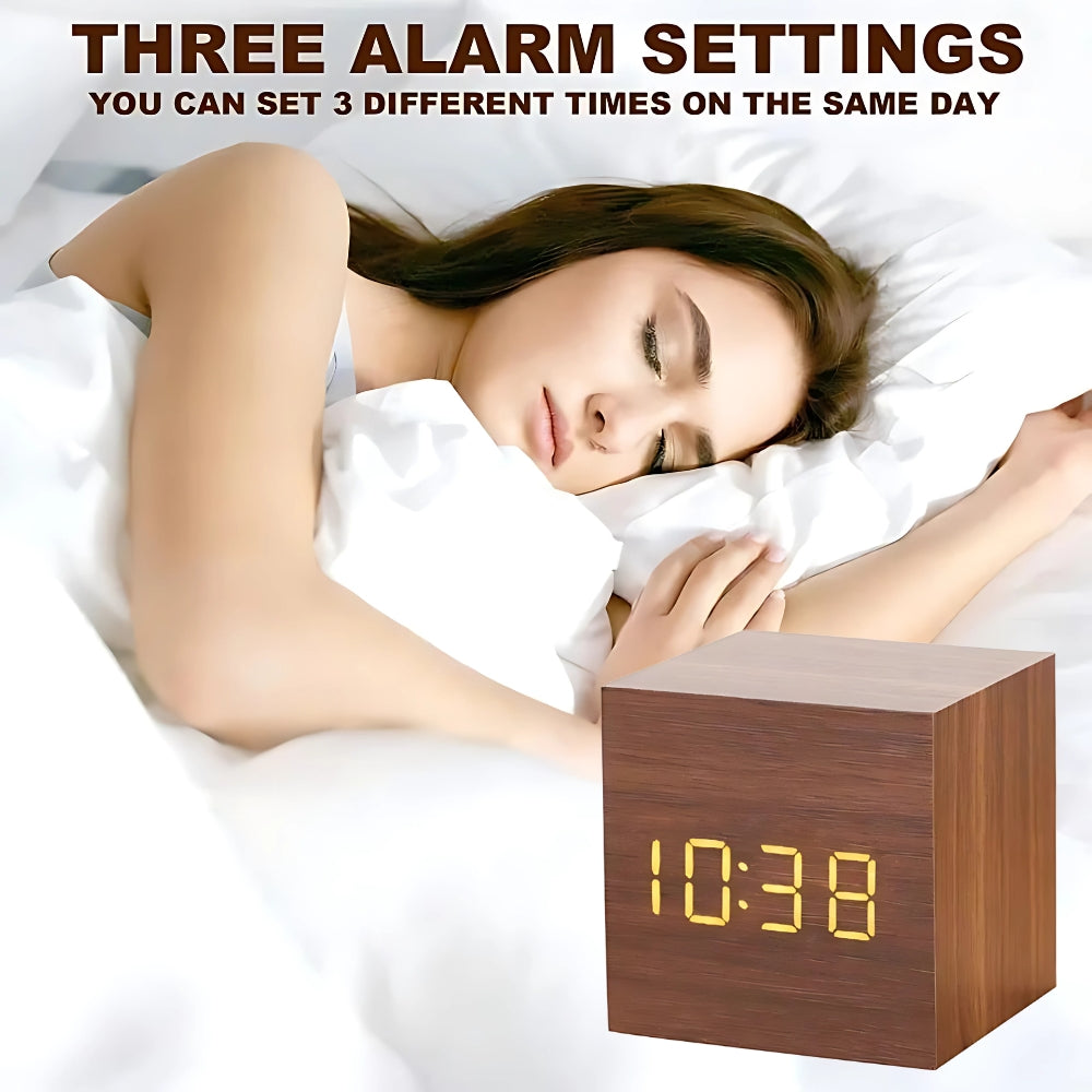 Minimalist Wood Grain LED Alarm Clock With Temperature Display