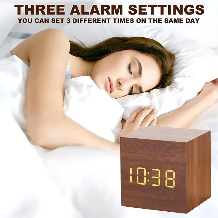 Minimalist Wood Grain LED Alarm Clock With Temperature Display