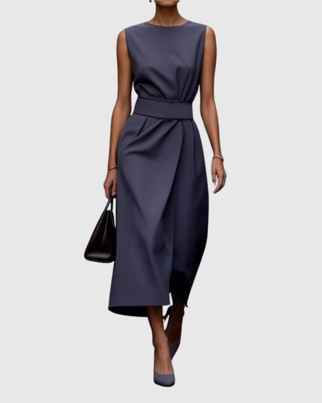Sleeveless Midi Dress with Draped Waist and Asymmetric Hemline