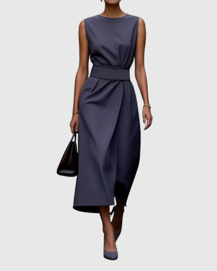 Sleeveless Midi Dress with Draped Waist and Asymmetric Hemline